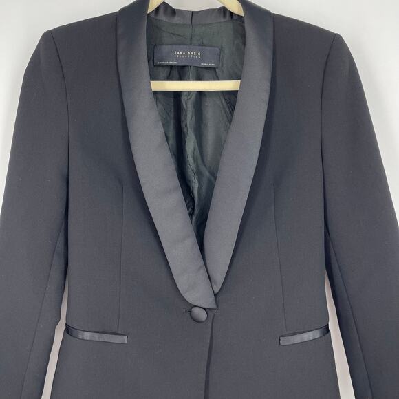 Zara Basic Collection Satin Lapel Tuxedo Blazer Black Fitted Size XS - Picture 8 of 13